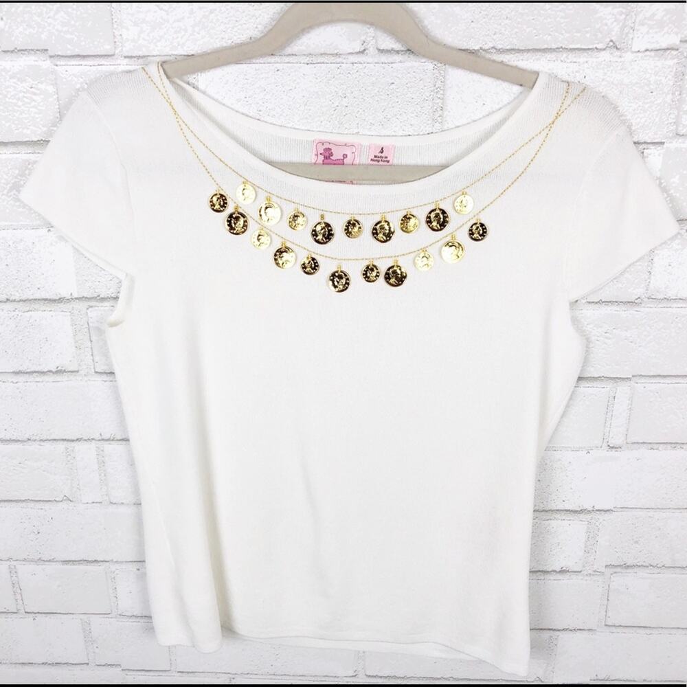 Pink Poodle Stretchy White Gold Coin Top Size Small